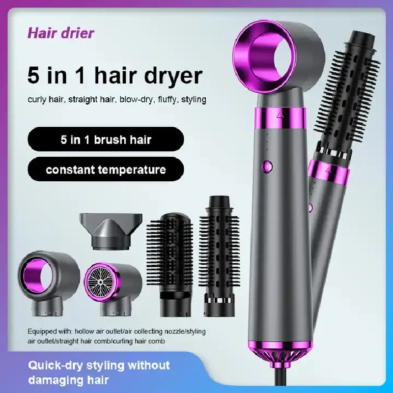 Escova de cabelo multifuncional 5 em 1, deixa seu cabelo seco, encaracolado, reto, fofo e elegante.